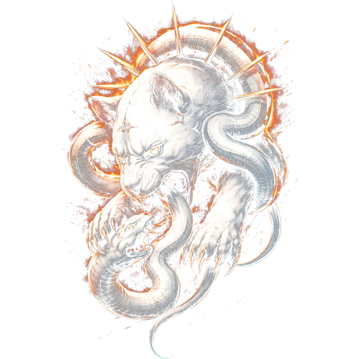 Panthère blanche combat serpent lumineux