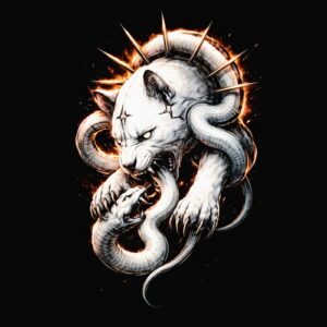 Panthère blanche combat serpent lumineux