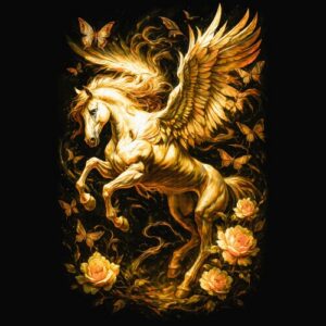 Pégase ailé papillons et roses dorés