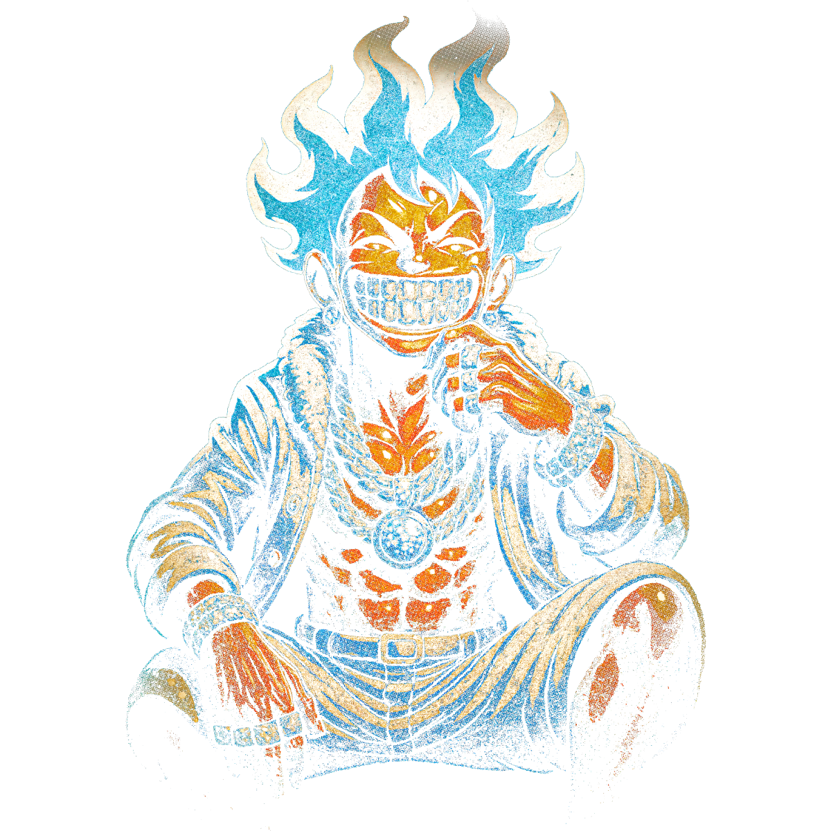 Personnage assis cheveux en feu souriant
