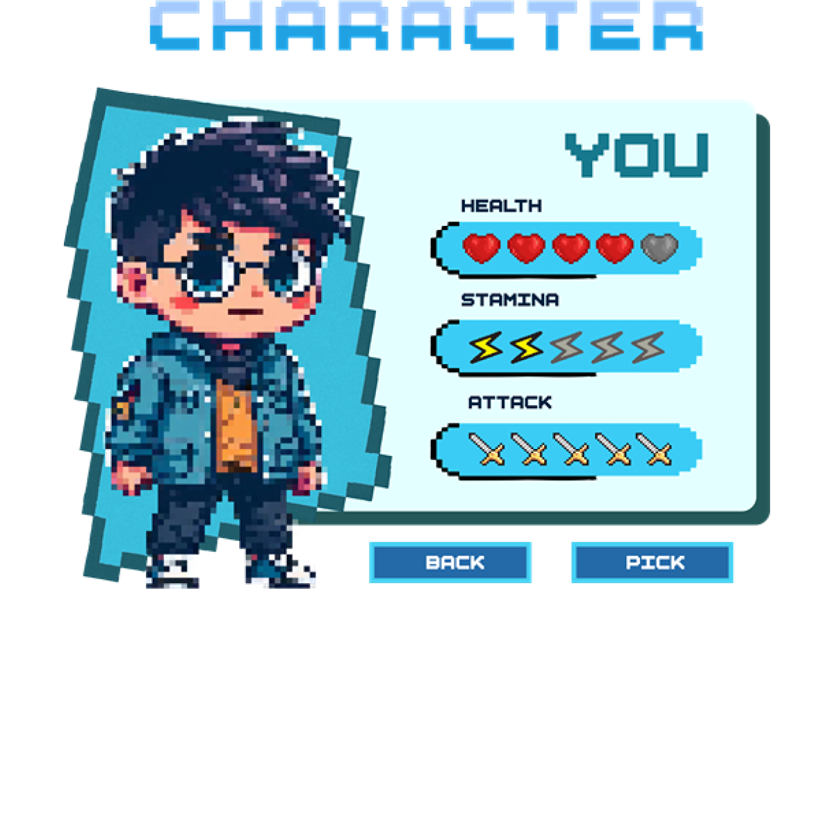Personnage pixel art jeu vidéo écran sélection