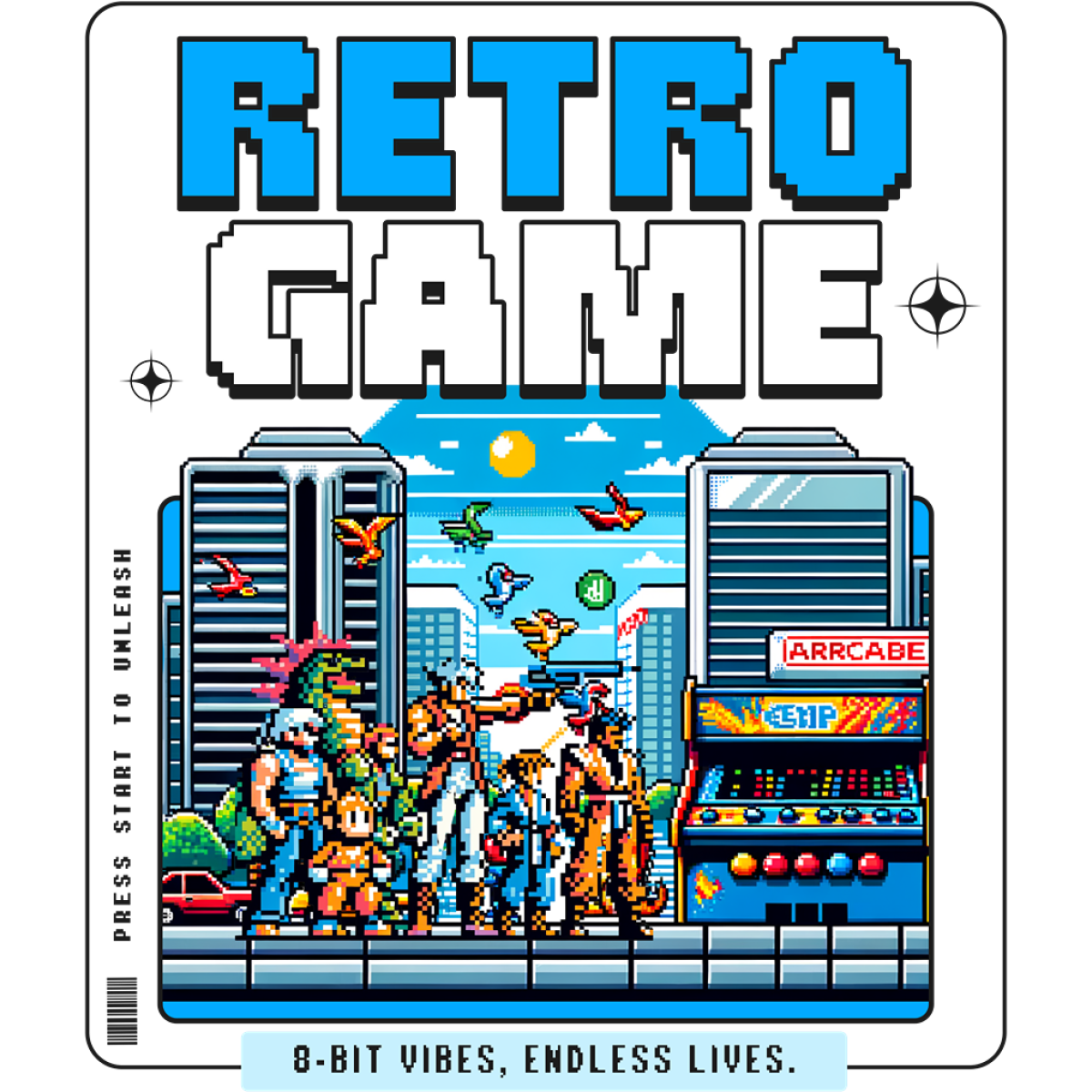 Personnages pixel art devant arcade urbaine