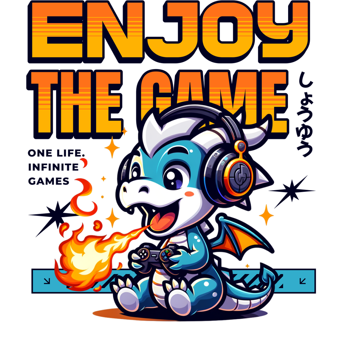 Petit dragon casque manette flammes jeu vidéo