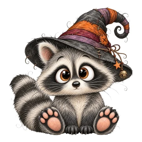 Petit raton laveur chapeau sorcier Halloween
