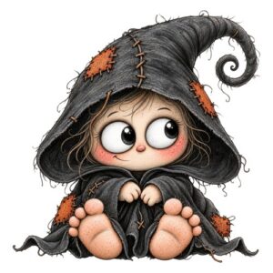 Petit sorcier assis capuche rapiécée yeux ronds