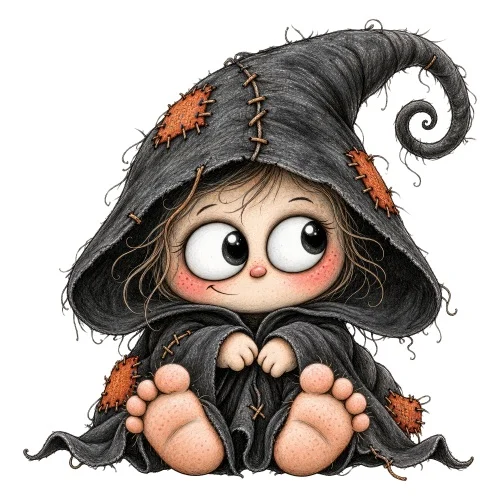 Petit sorcier assis capuche rapiécée yeux ronds