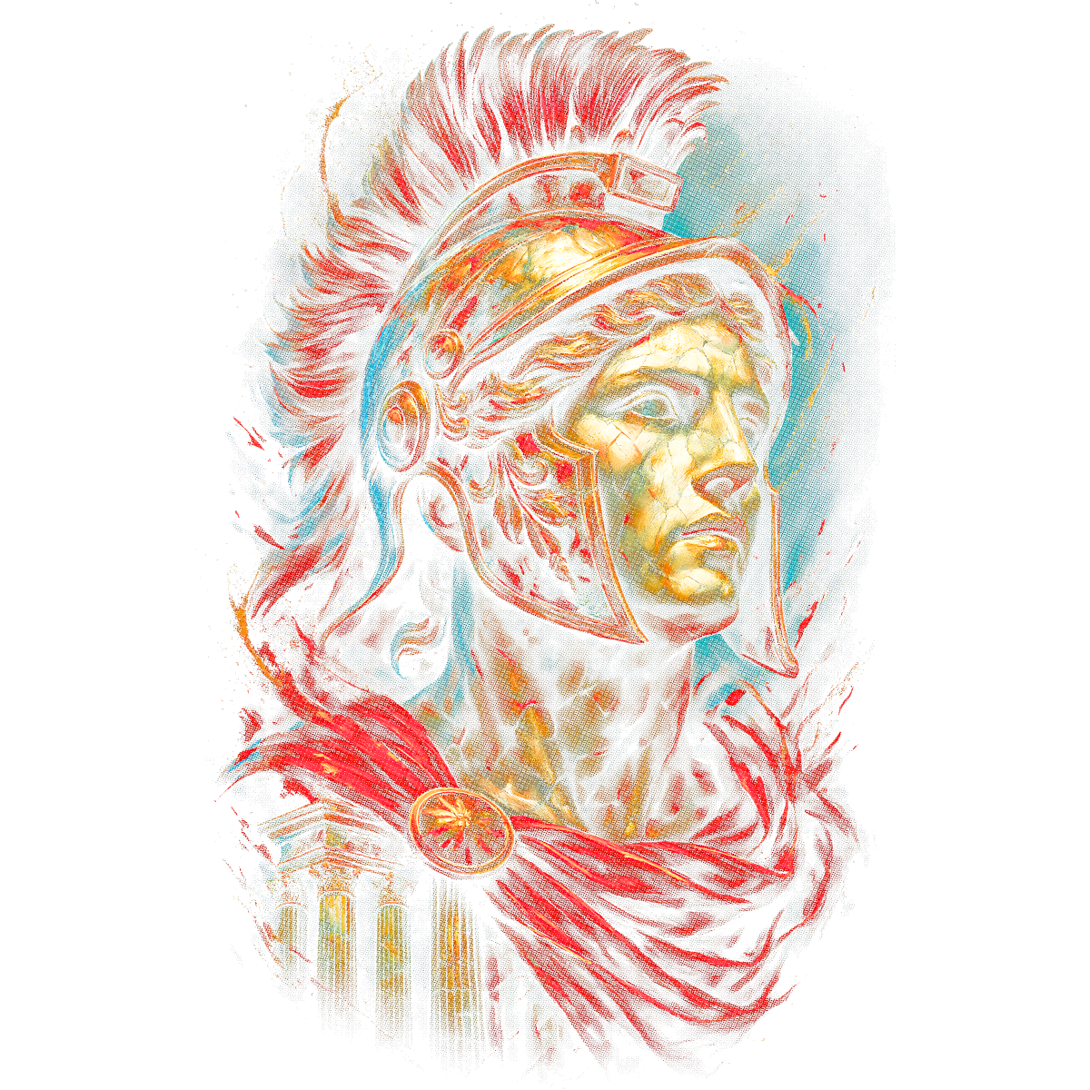 Portrait casque casque romain colonnes rouges