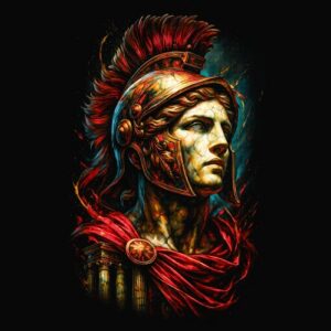 Portrait casque casque romain colonnes rouges