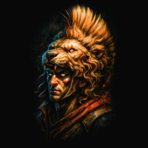 Portrait d’homme coiffé tête de lion