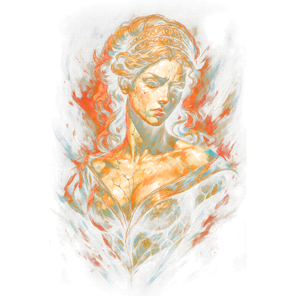 Portrait femme statue craquelée feu