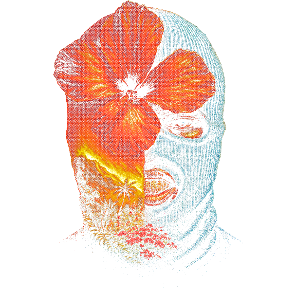 Portrait moitié visage cagoulé moitié fleurs tropicales