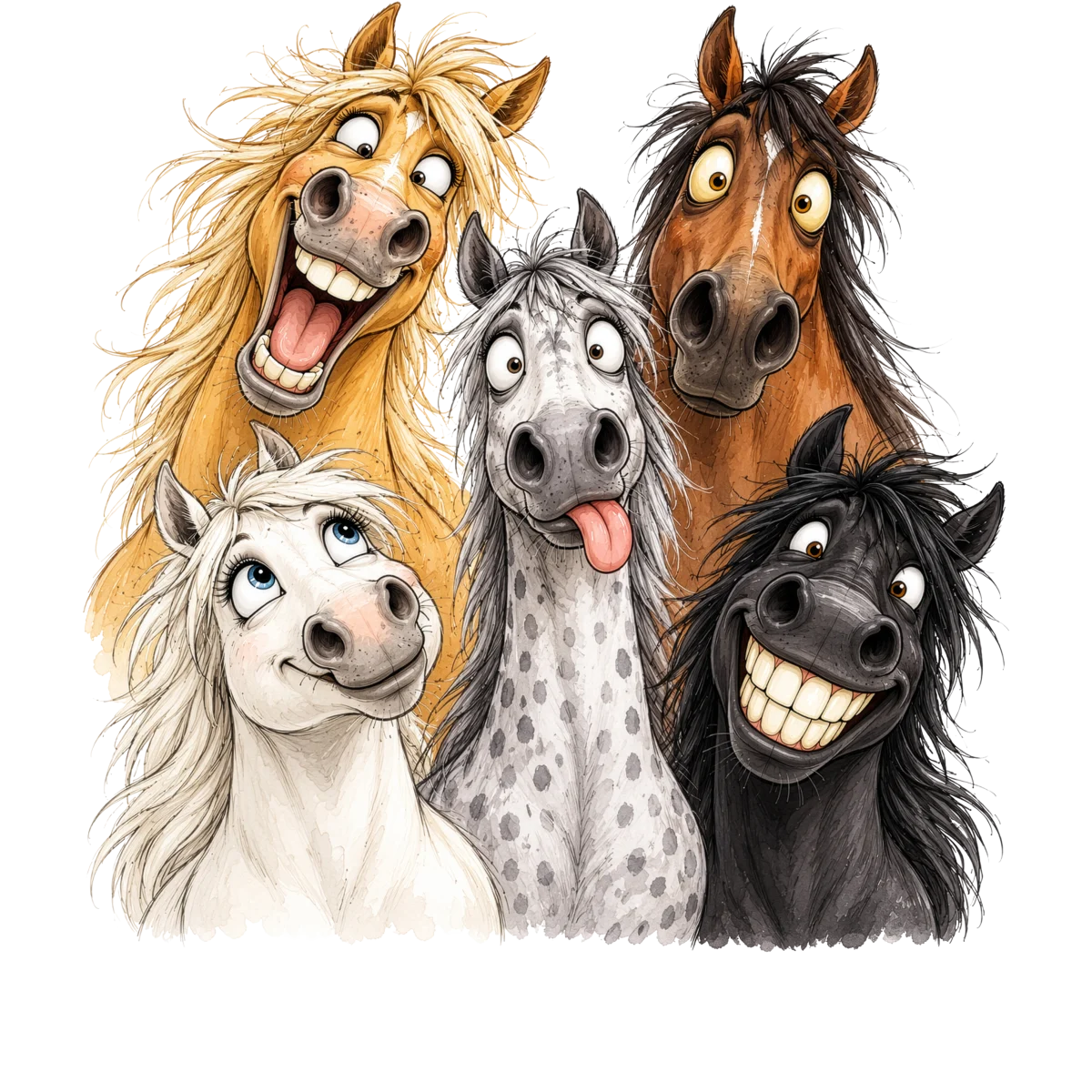Portraits dessinés chevaux grimaces amusantes
