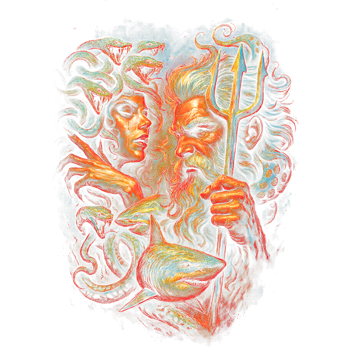 Portraits divins trident requin serpents mythologiques