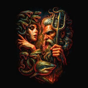 Portraits divins trident requin serpents mythologiques