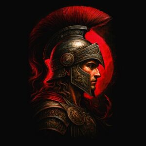 Profil guerrier antique casque plumes rouge