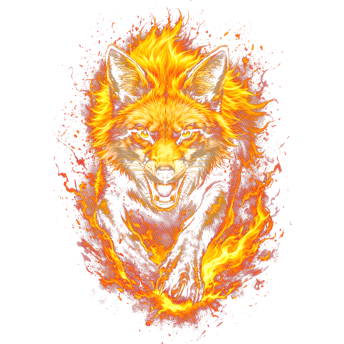Renard enflammé bondissant vers avant
