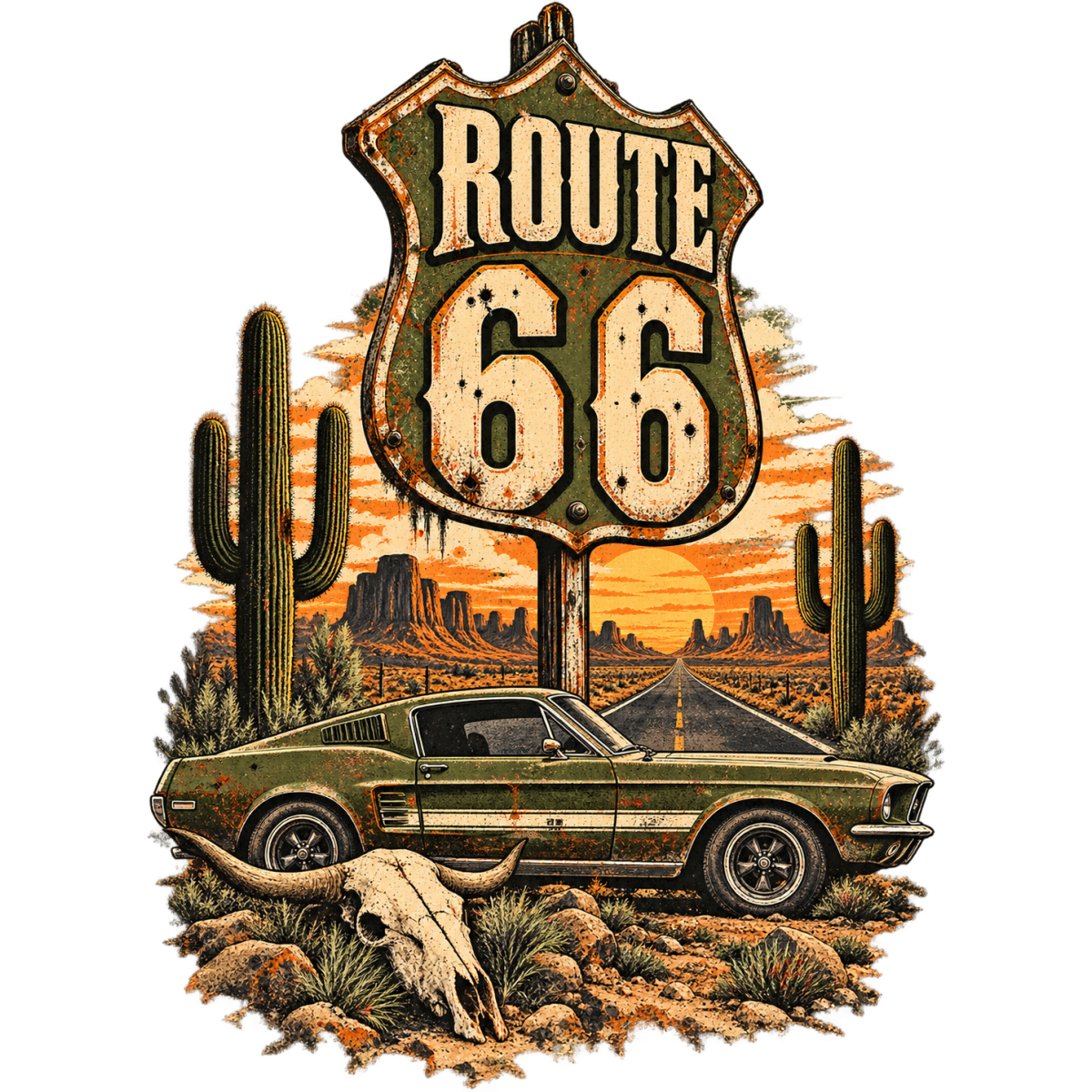 Route66 Coucher Soleil Voiture Desert