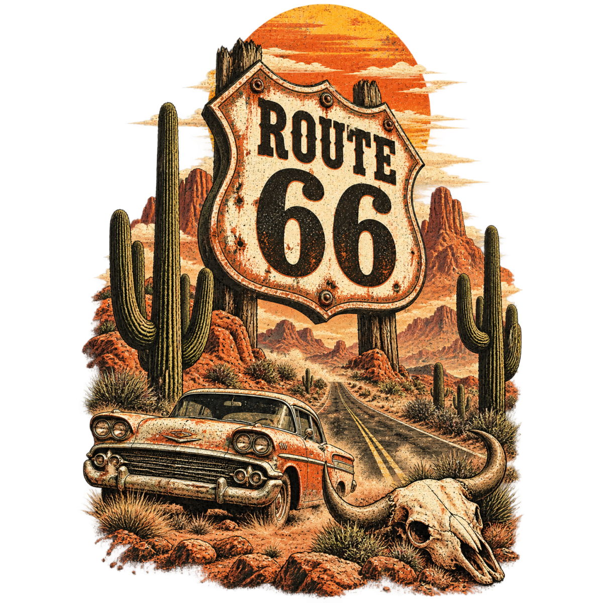 Route66 Panneau Cactus Voiture Americaine