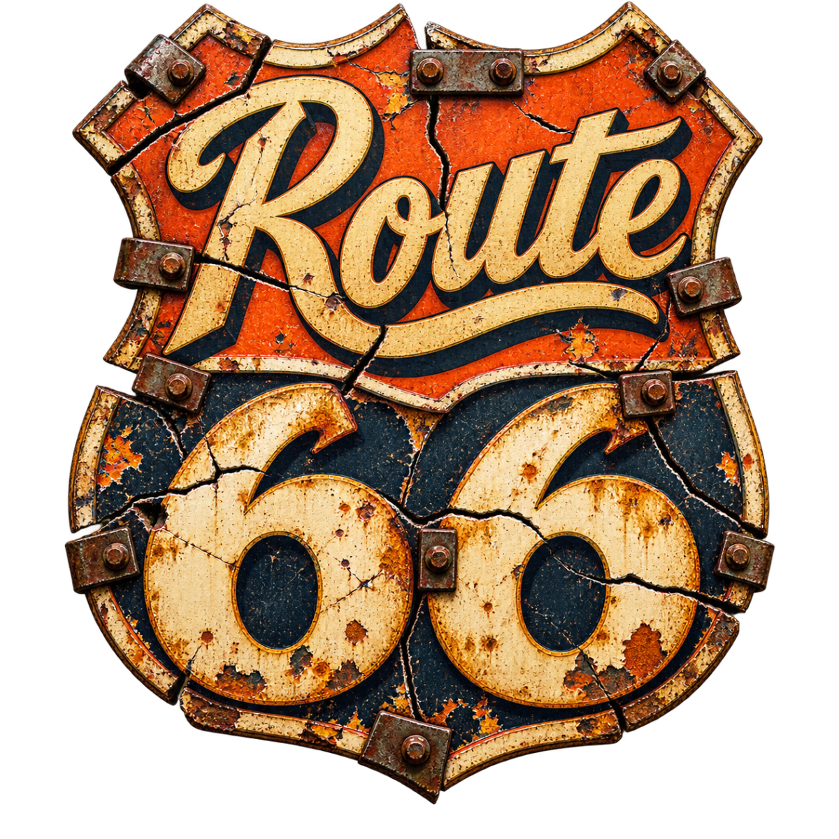 Route66 Plaque Fissuree Rivets Acier