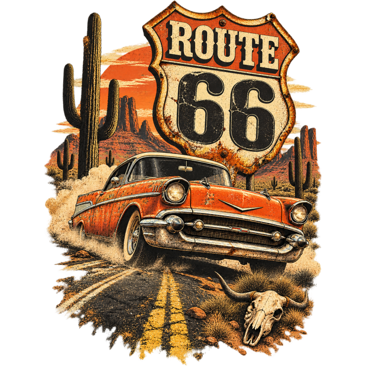 Route66 Voiture Chrome Poussiere Desert