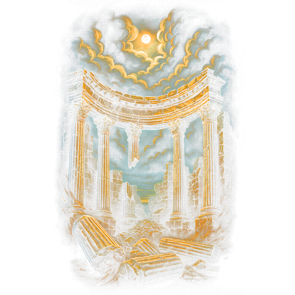 Ruines antiques colonnes ciel nuageux lumineux