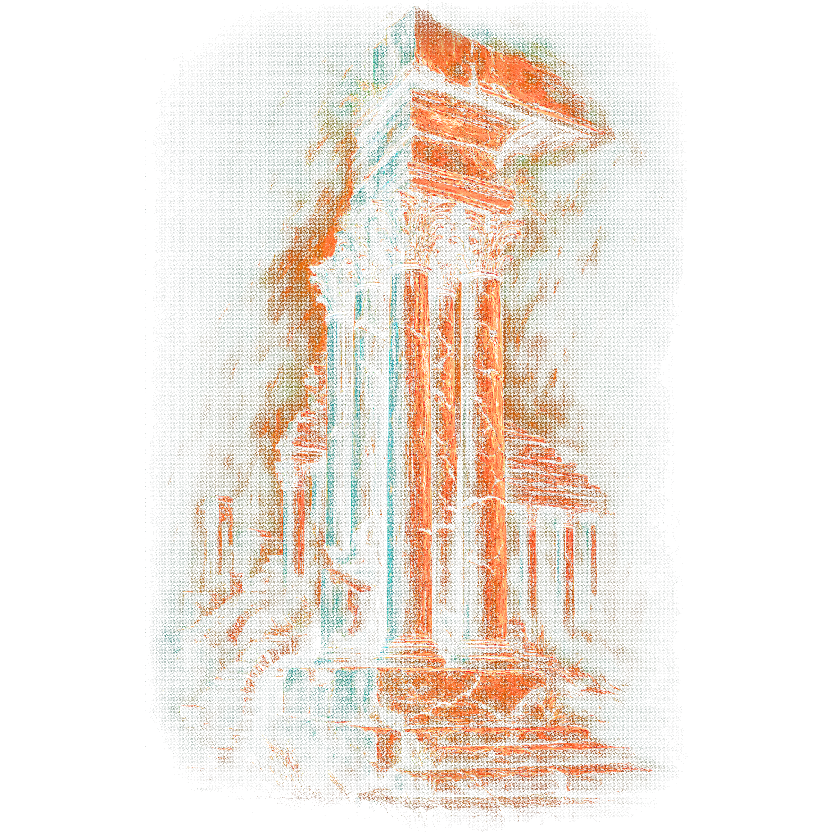 Ruines antiques colonnes corinthiennes rouges bleues
