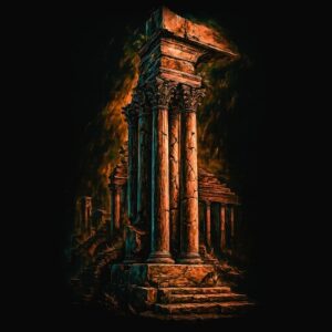 Ruines antiques colonnes corinthiennes rouges bleues