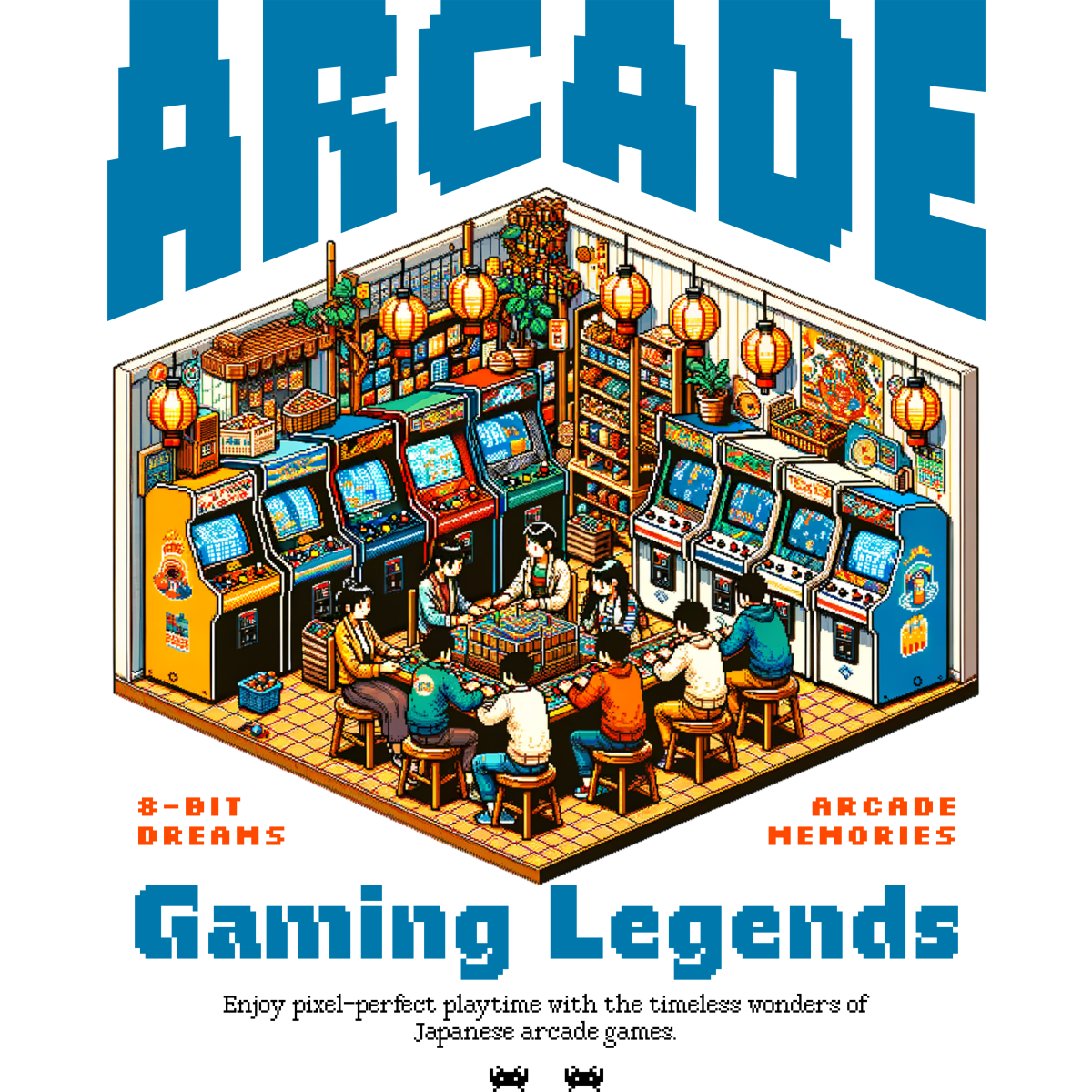 Salle arcade rétro joueurs jeux vidéo pixel art
