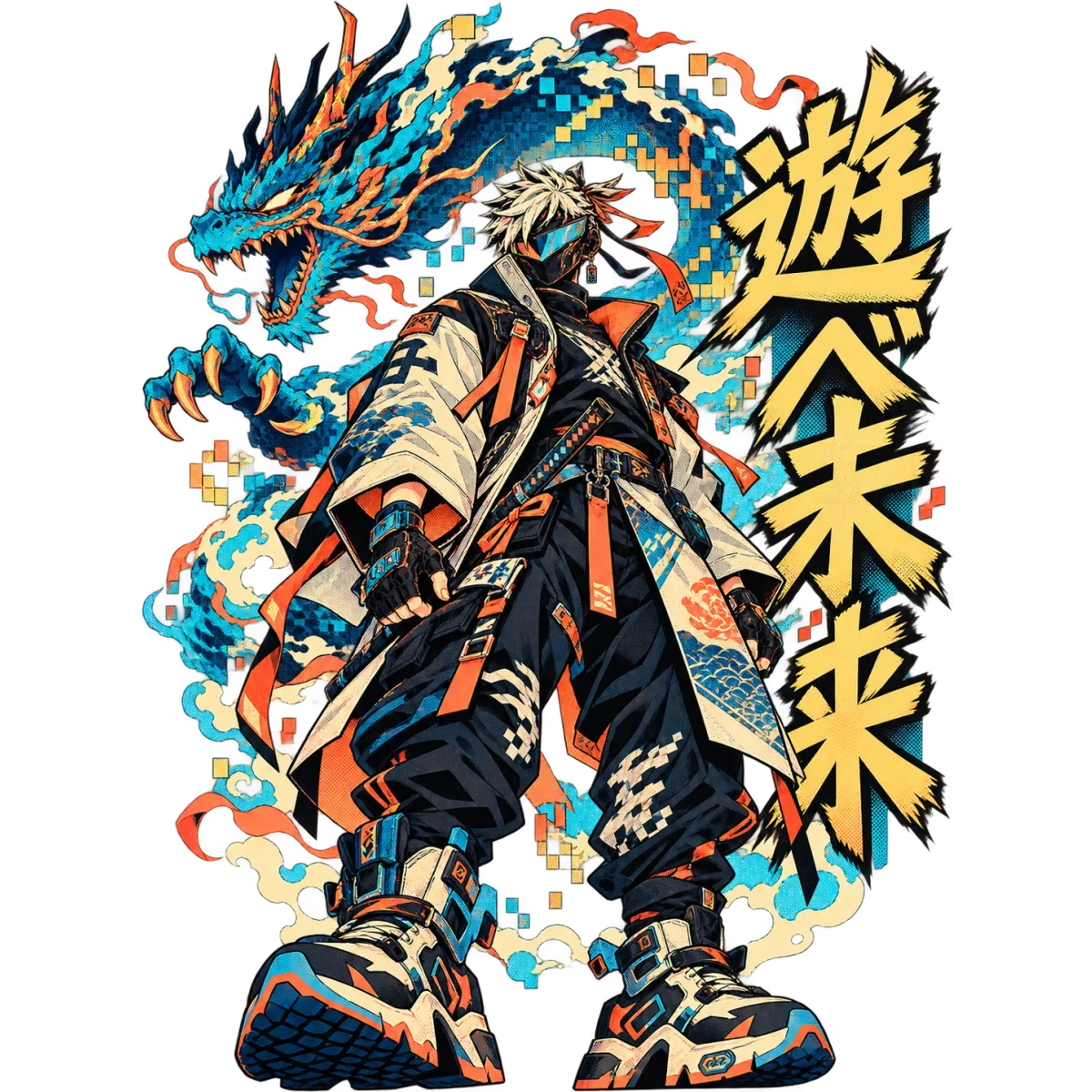 Samouraï Manga futuriste avec dragon numérique