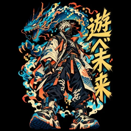 Samouraï Manga futuriste avec dragon numérique