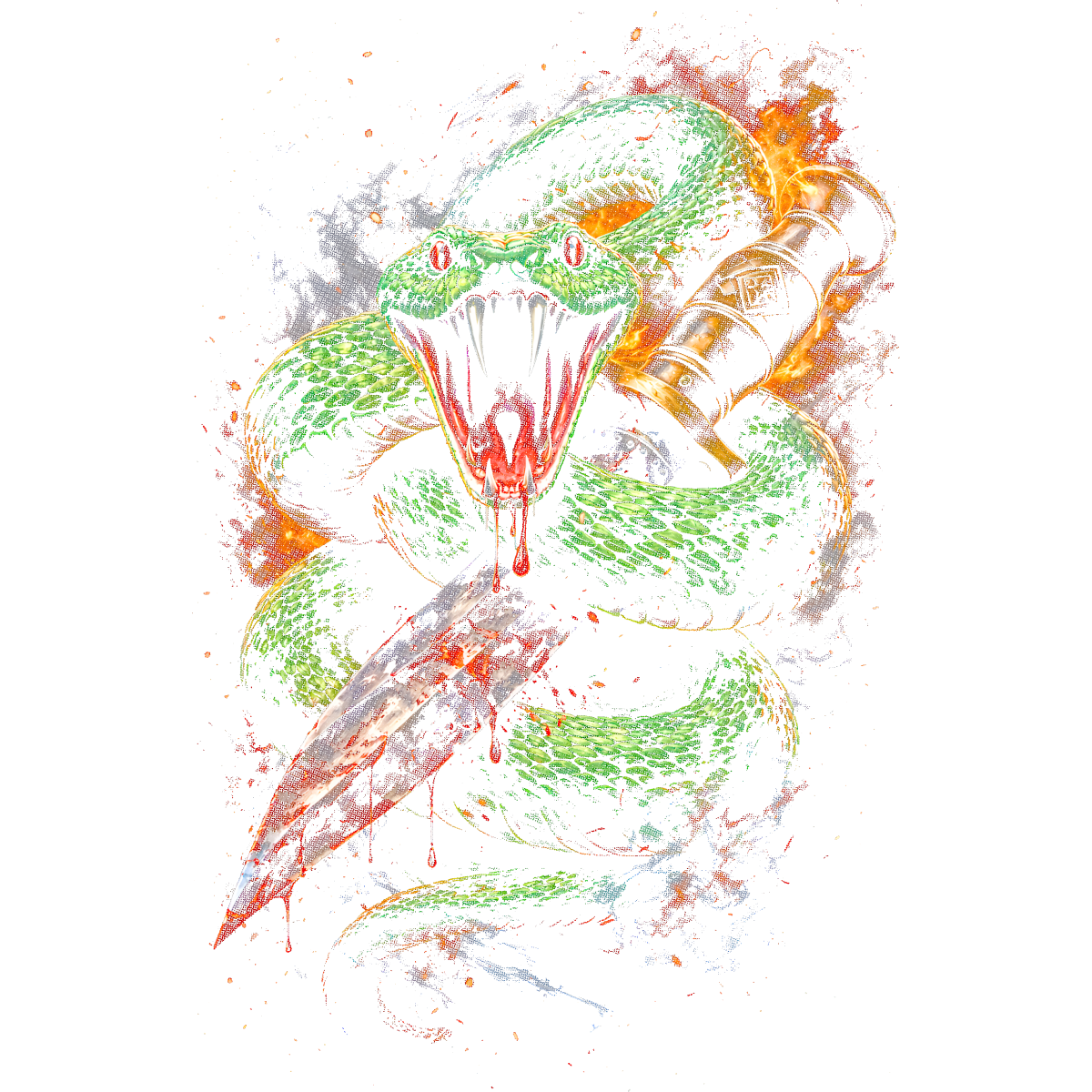 Serpent vert aggressif avec couteau ensanglanté