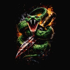 Serpent vert aggressif avec couteau ensanglanté
