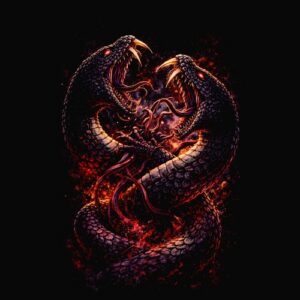 Serpents combattants entrelacés rouges