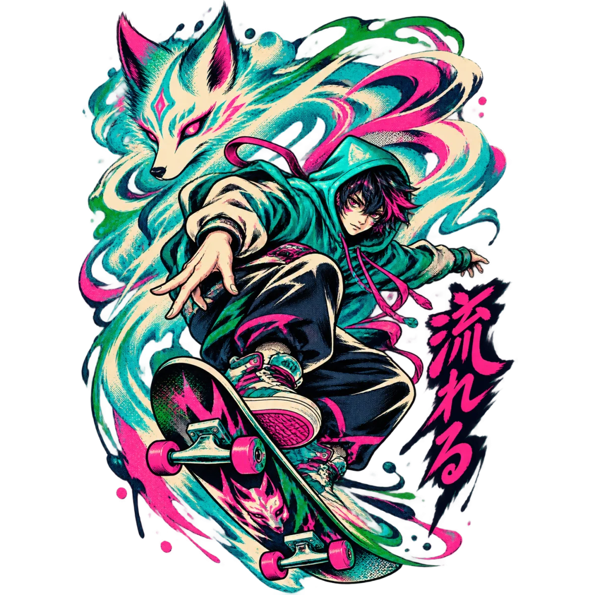 Skateur Managa avec esprit renard coloré