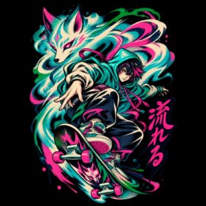 Skateur Managa avec esprit renard coloré