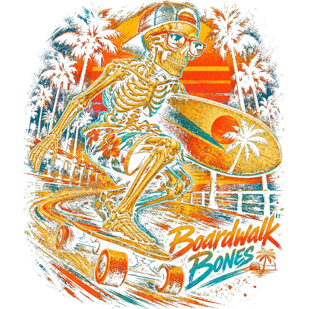 Skull en skateboard plage palmier coucher soleil
