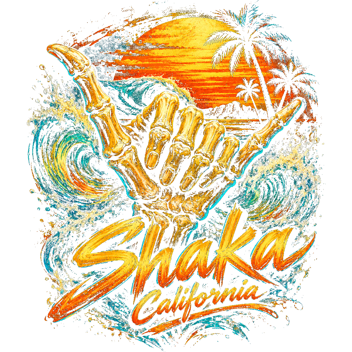 Skull Hang Loose style surf vague coucher soleil