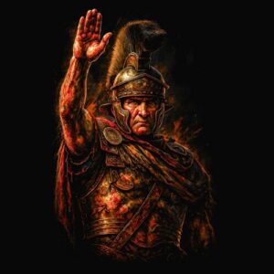 Soldat romain en armure levant la main