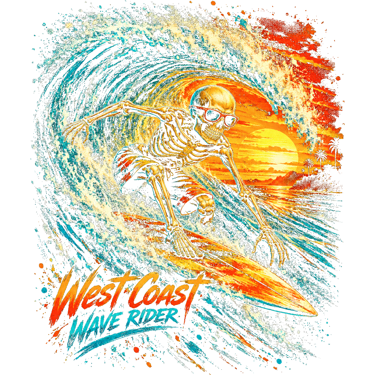 Squelette surfeur lunettes vague coucher soleil