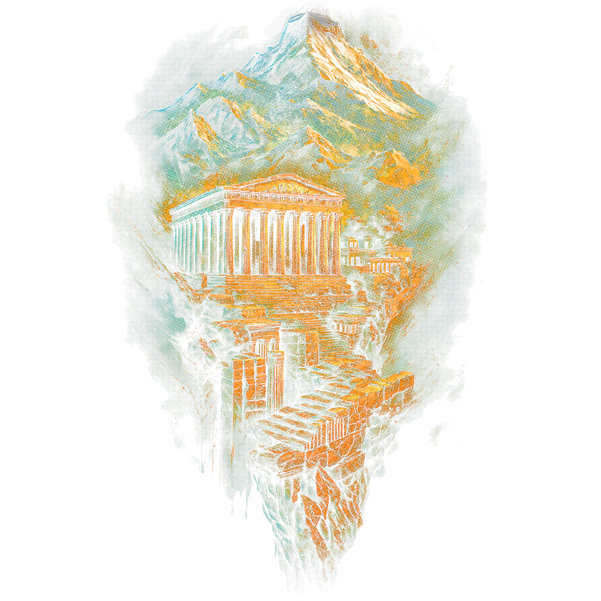 Temple antique en ruines montagnes en arrière-plan