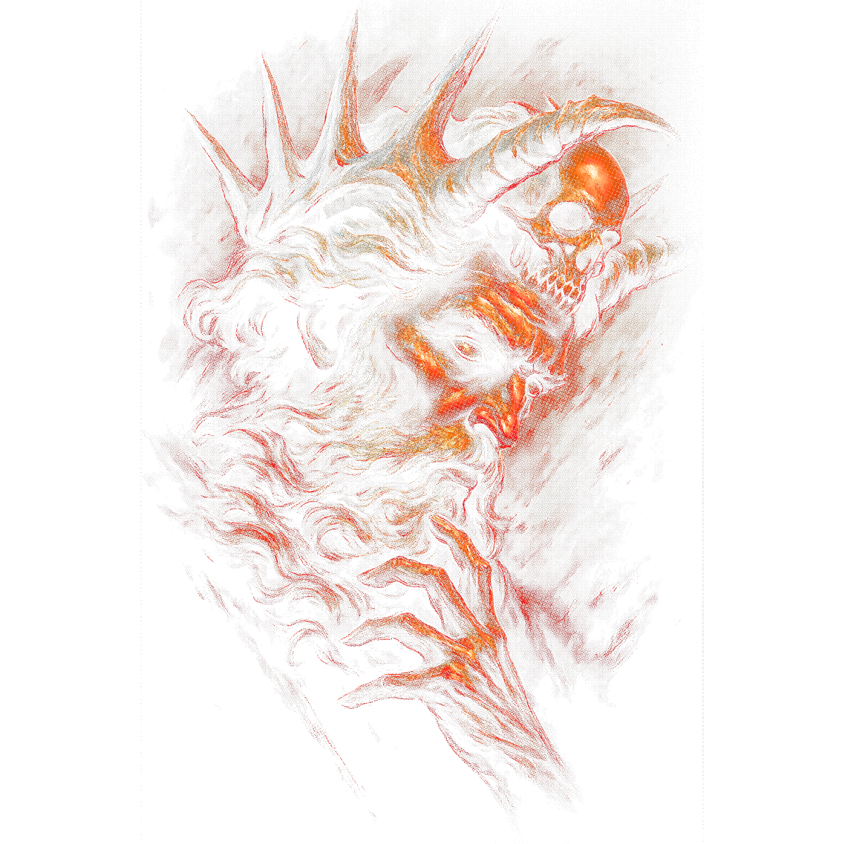 Tête ancienne barbe crâne piques rouges
