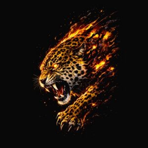 Tête de léopard en flammes rugissant