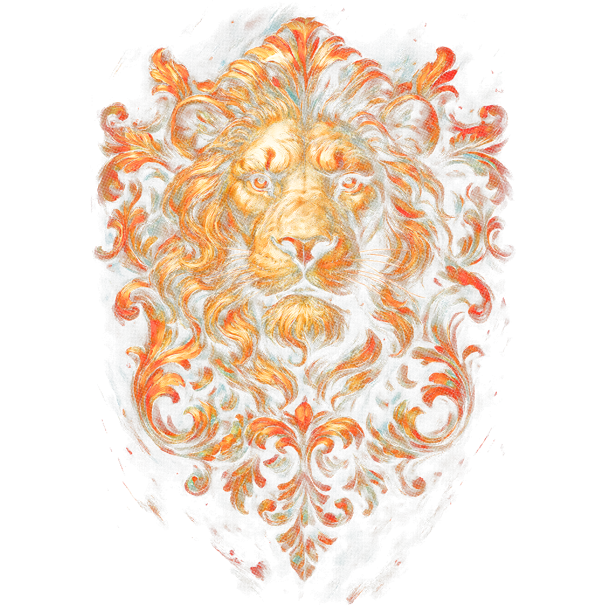 Tête de lion avec arabesques décoratives