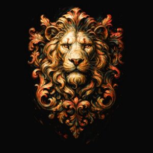 Tête de lion avec arabesques décoratives
