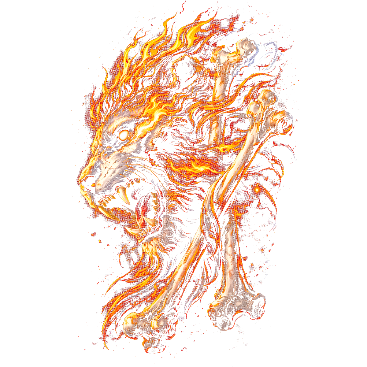 Tête de lion en flammes os croisés