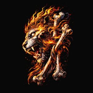 Tête de lion en flammes os croisés