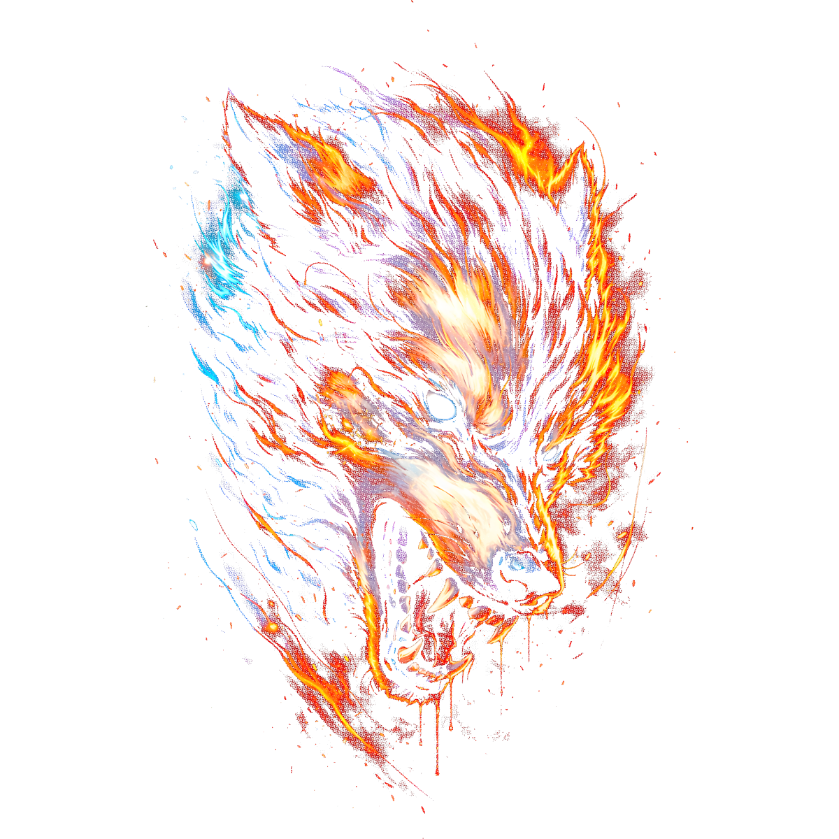 Tête de loup en flammes colorées