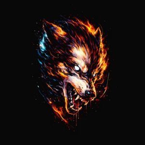 Tête de loup en flammes colorées