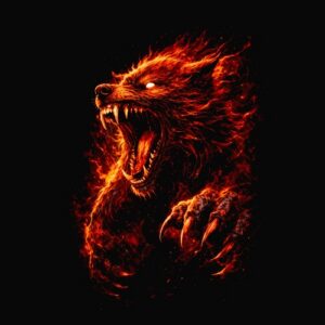 Tête de loup en flammes rugissant