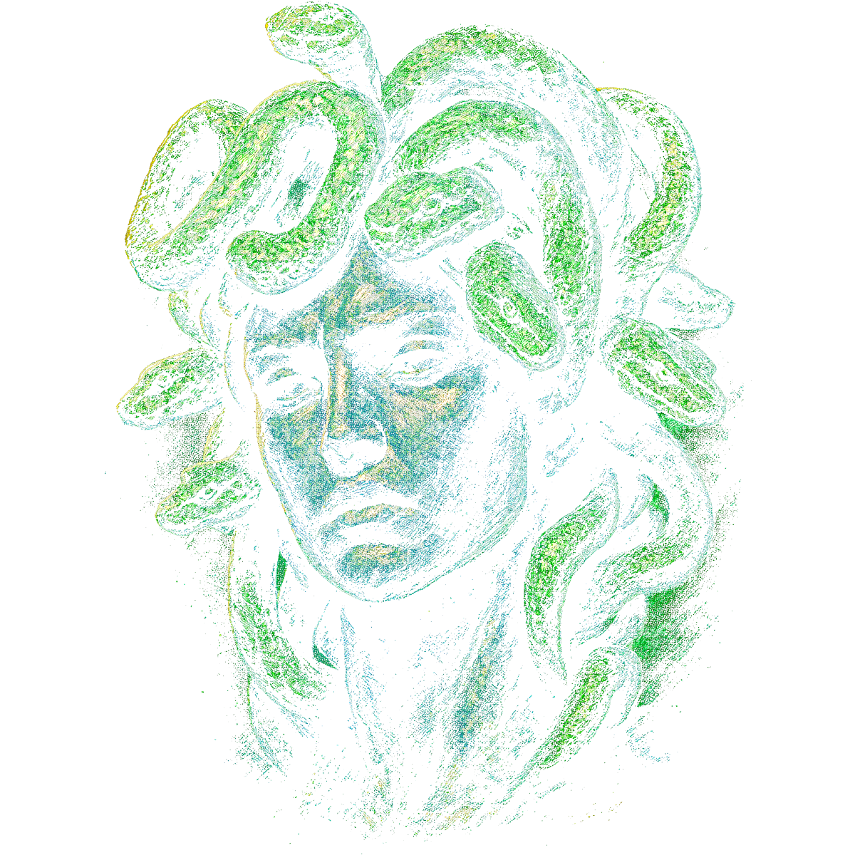 Tête de Méduse serpent serpents verts